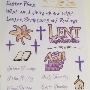 A photo of Lent stickers designed for the Redhead Paper Etsy store