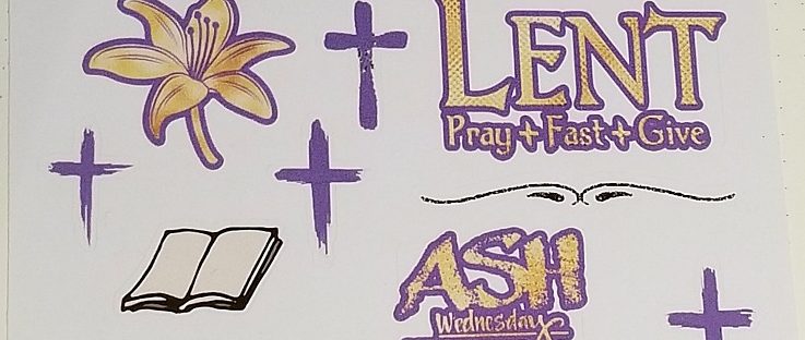 A photo of Lent stickers designed for the Redhead Paper Etsy store