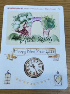 A sticker sheet with a stone threshold with a tree growing beside it. The arch is empty.