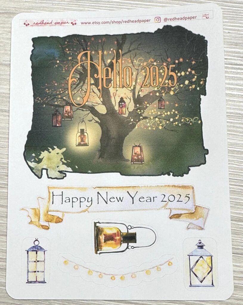 Hello 2025 sticker set: a large sticker with a tree full of glowing lanterns