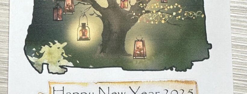 Hello 2025 sticker set: a large sticker with a tree full of glowing lanterns