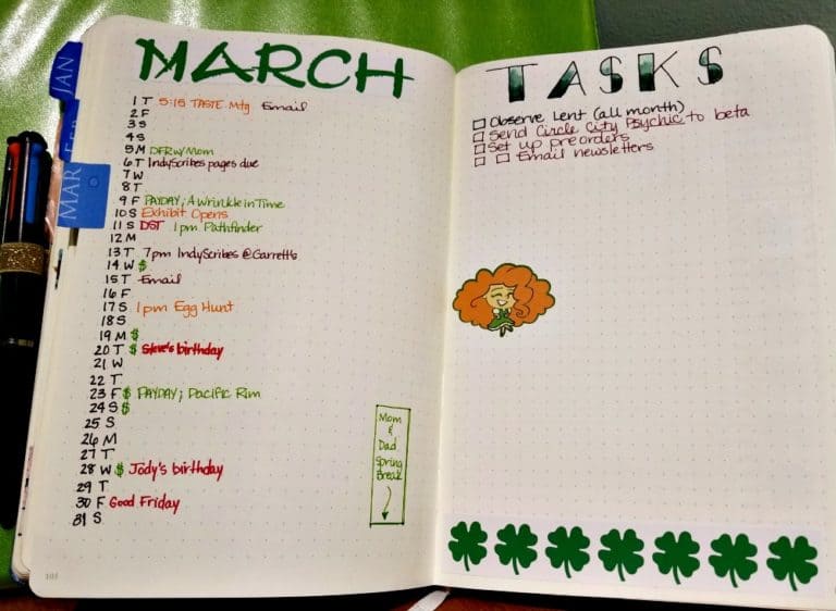 March spread with monthly log and task list