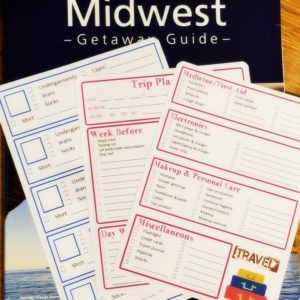 A picture of travel planning stickers with packing lists, trip information, and more