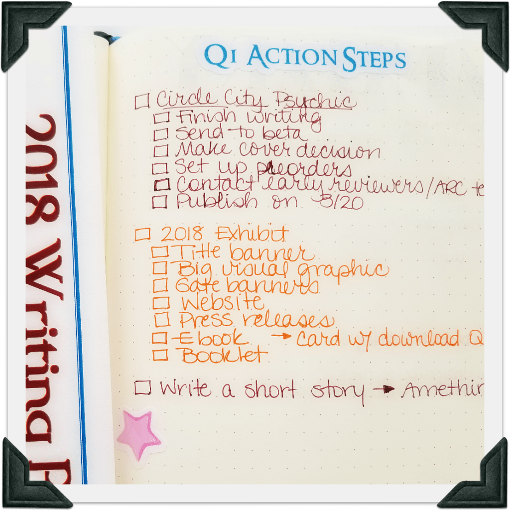 A picture of my Quarter 1 Action Steps - Track goal-setting and projects in Bullet Journal