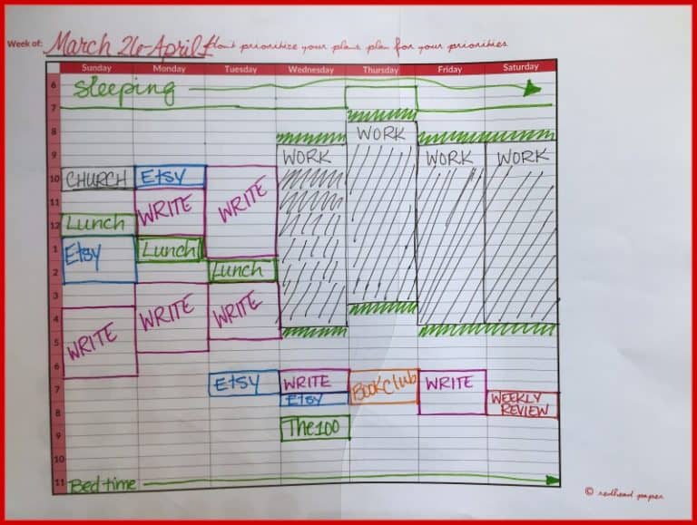 Time-blocking printable worksheet by redhead paper