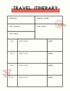 An image of a printable travel itinerary page with room for destination, flight and hotel information, expected weather, things to do, and budget.